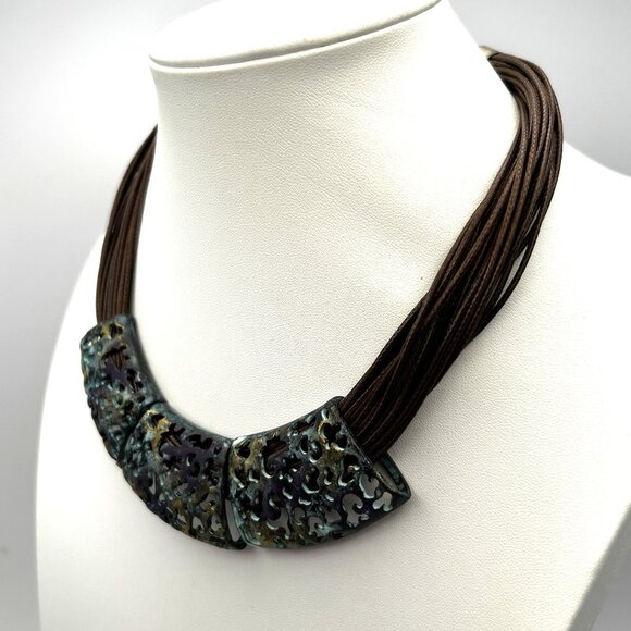 Boho Statement Necklace Brown Cord Multistrand Patina Cut Out Panels - Picture 1 of 11